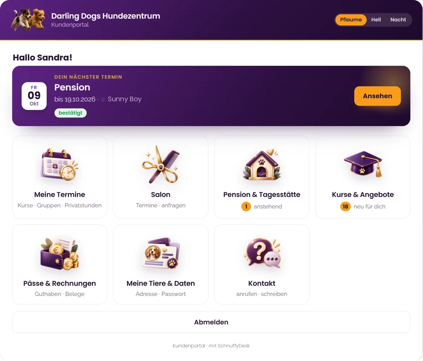 Kundenportal von SchnuffyDesk: nächster Termin oben, darunter Kacheln für Termine, Salon, Pension, Kurse, Pässe und Rechnungen, Tiere und Daten, Kontakt